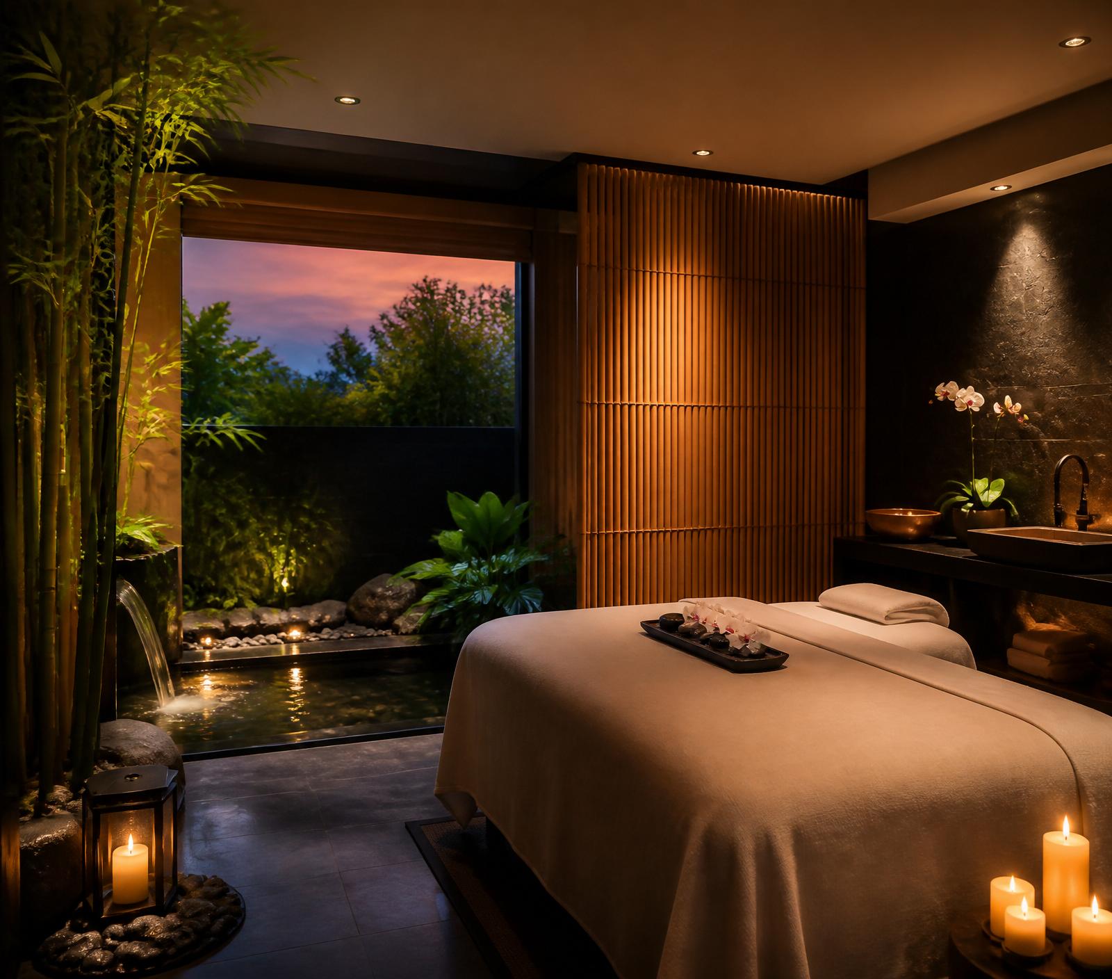 Peaceful Asian spa treatment room with bamboo and water feature
