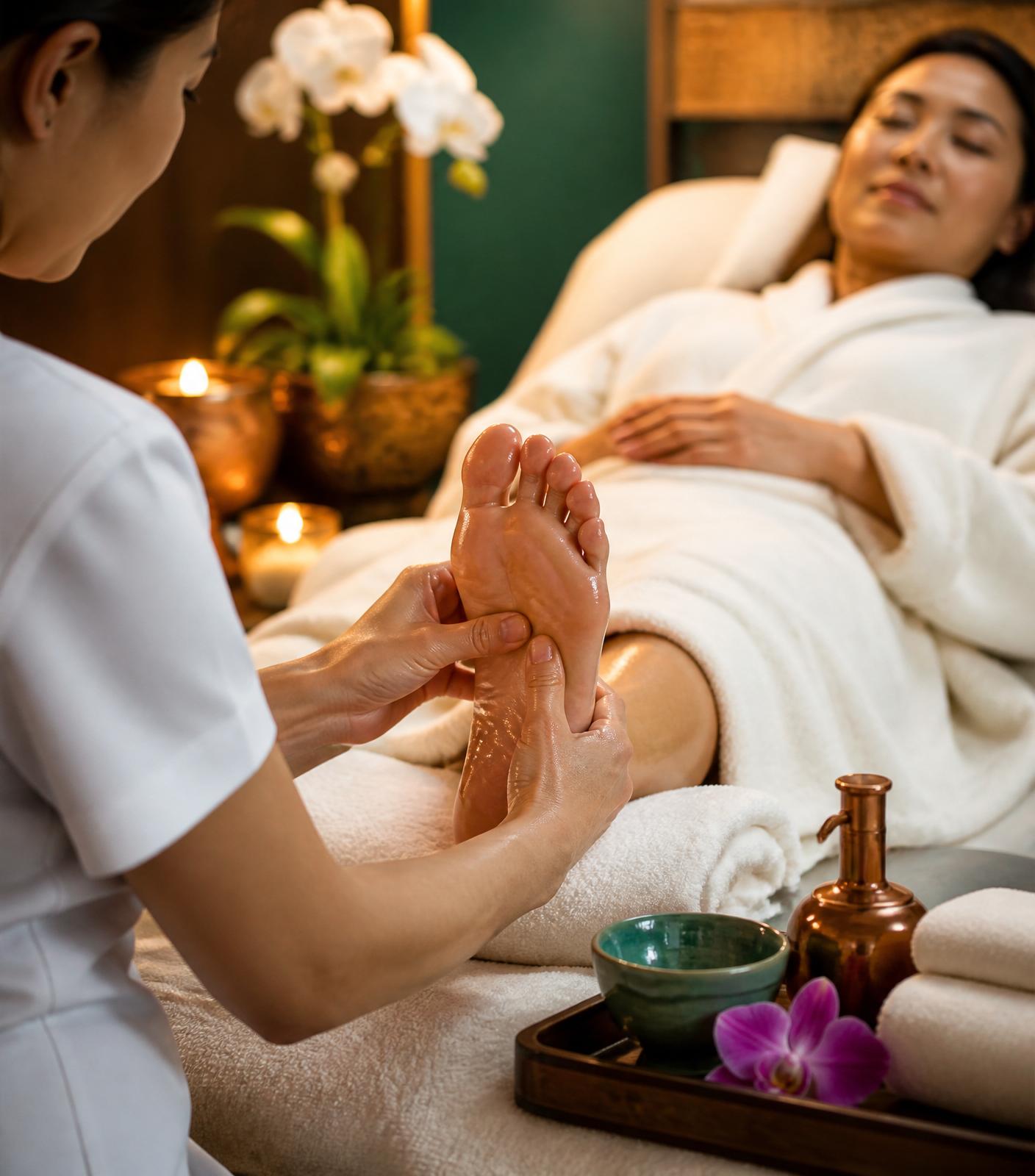 Asian therapist performing a reflexology foot massage on a robed guest with orchids and warm candlelight